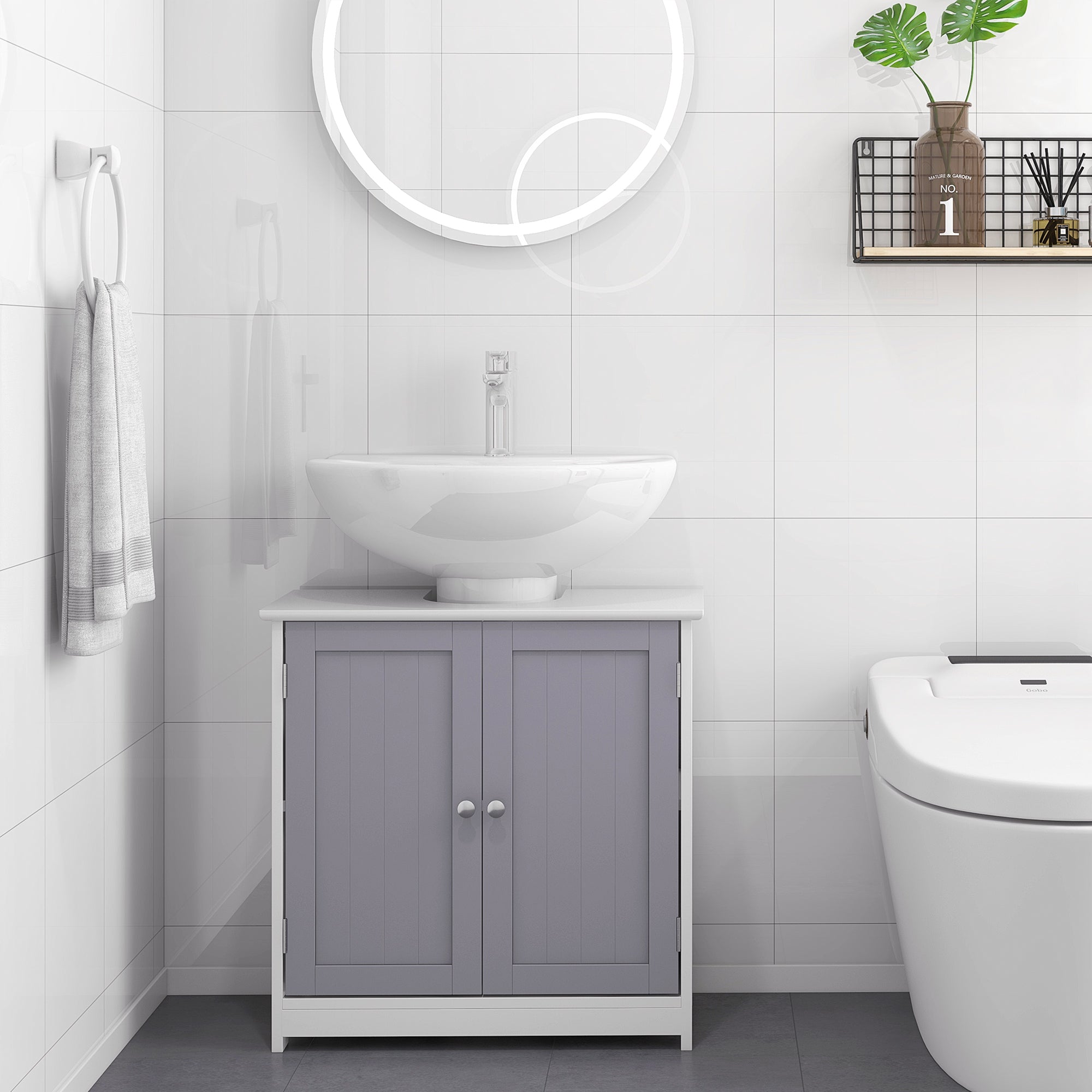 kleankin 60x60cm Under-Sink Storage Cabinet w/ Adjustable Shelf Handles Drain Hole Bathroom Cabinet Space Saver Organizer White and Grey
