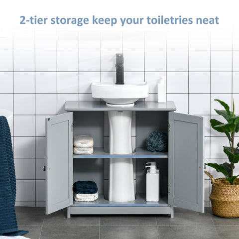 Gray kleankin 60x60cm under-sink storage cabinet with adjustable shelf and open doors showing towels and toiletries