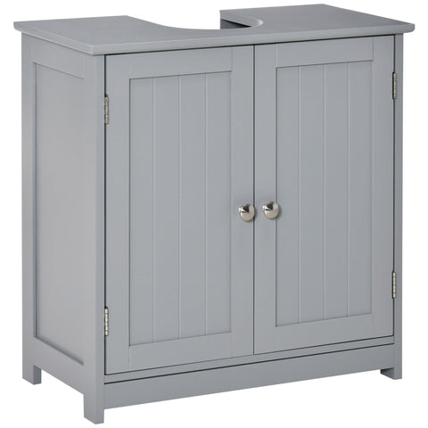 Gray wooden kleankin under-sink storage cabinet with two doors silver knobs curved top and adjustable shelf