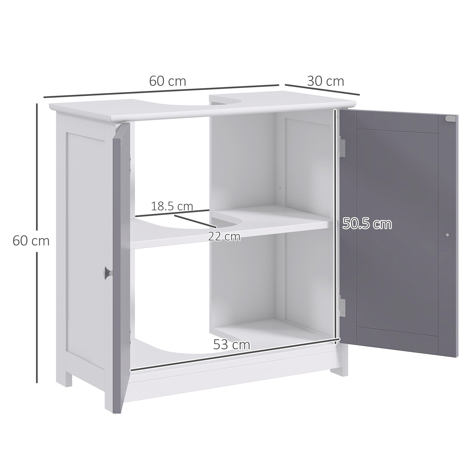 kleankin 60x60cm Under-Sink Storage Cabinet w/ Adjustable Shelf Handles Drain Hole Bathroom Cabinet Space Saver Organizer White and Grey