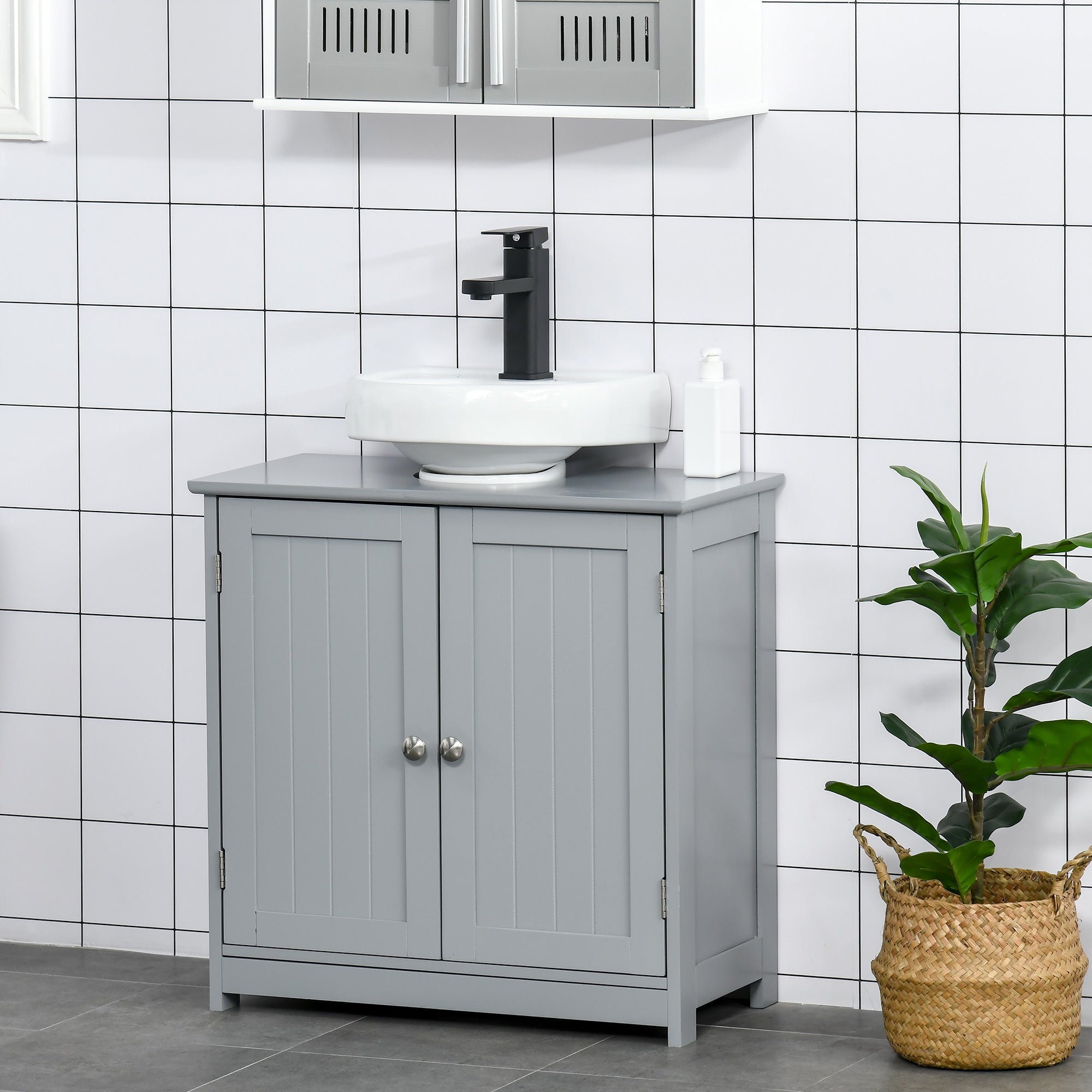 Gray wooden kleankin under-sink storage cabinet with adjustable shelf silver knobs white ceramic sink black faucet