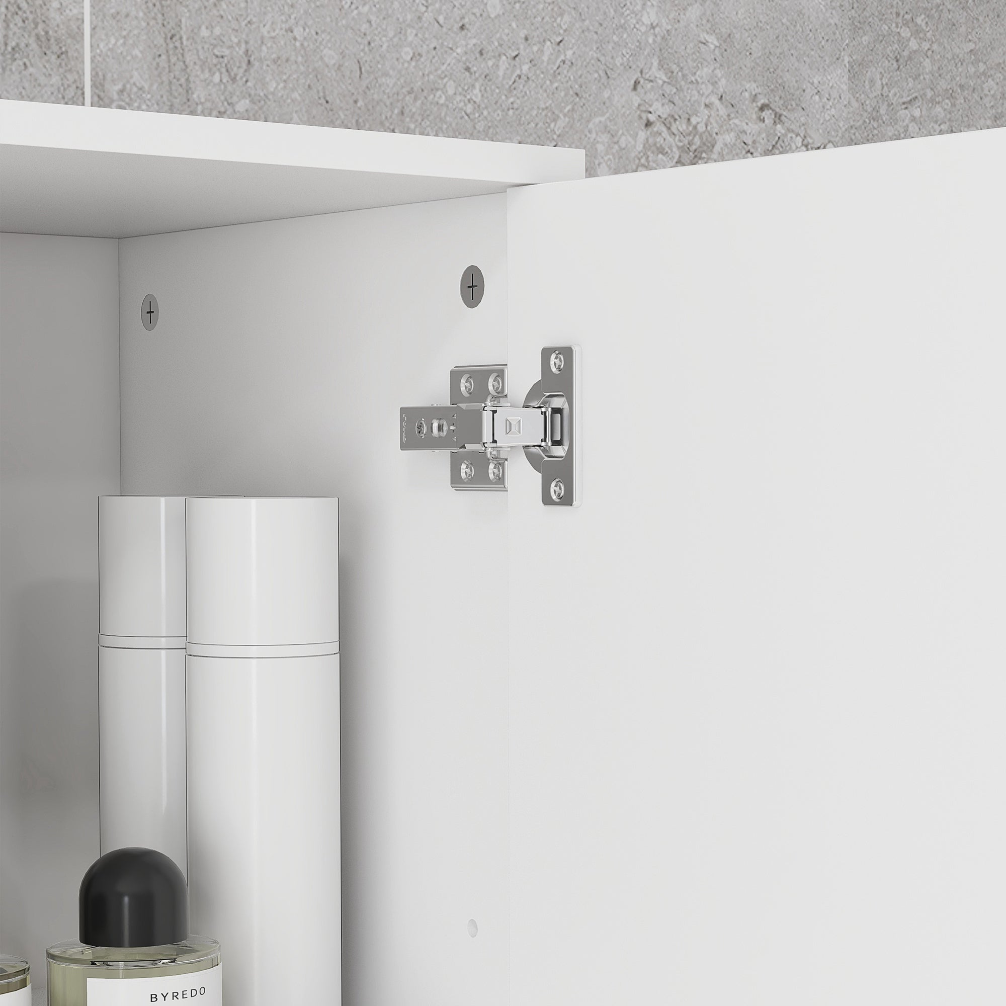 Silver metal hinge with four screws on white kleankin slim bathroom storage cabinet door for bathroom storage