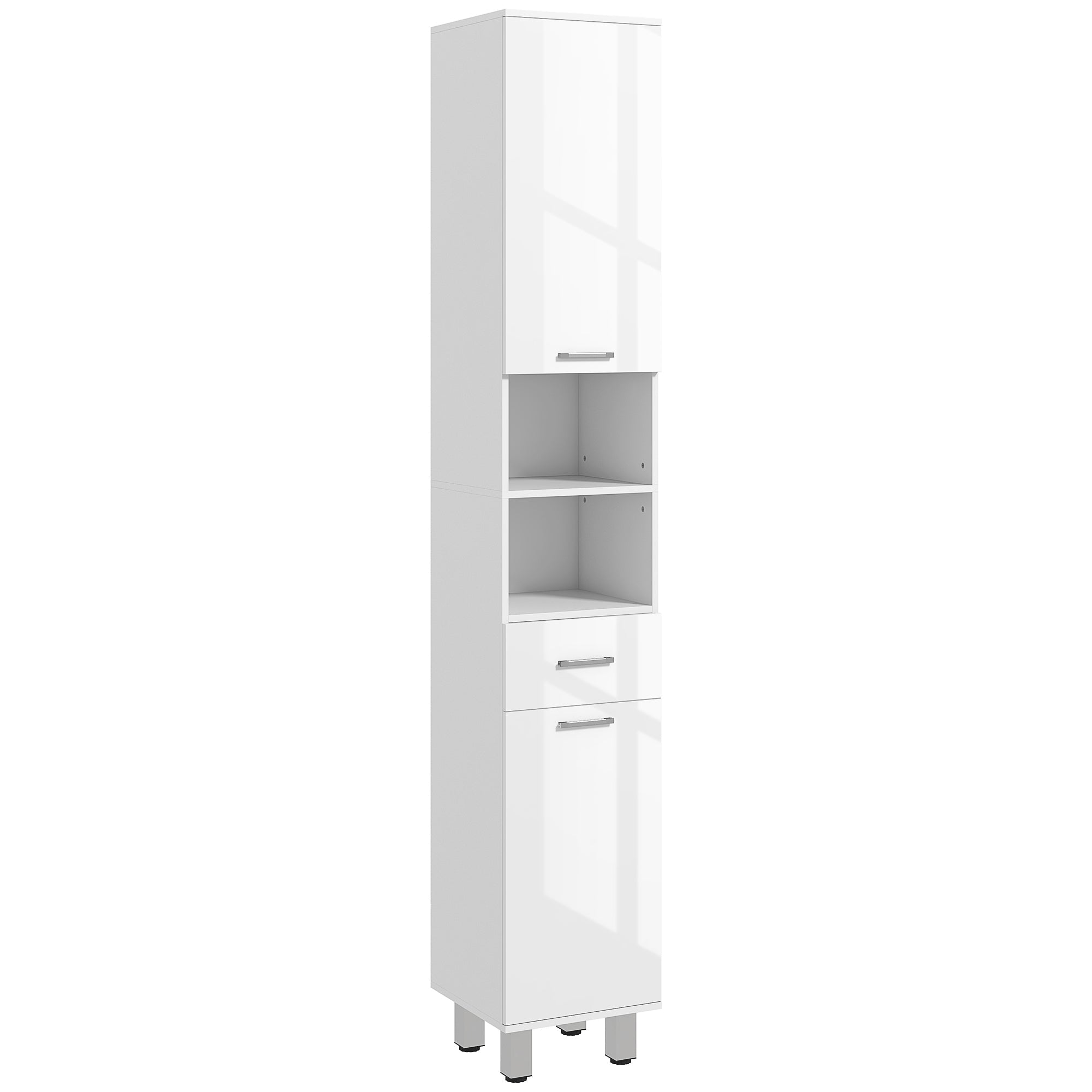 White glossy kleankin 71 slim bathroom storage cabinet with two doors drawer and open shelves for bathroom storage
