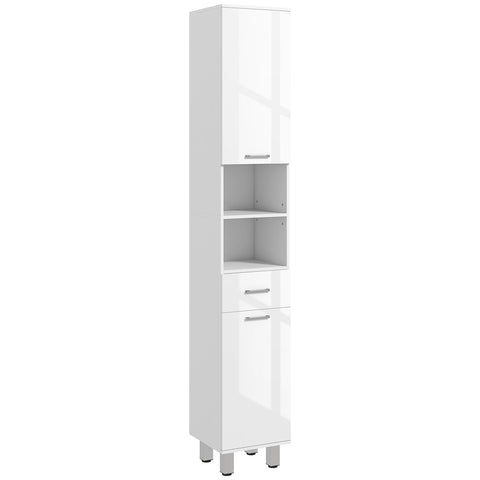 White glossy kleankin 71 slim bathroom storage cabinet with two doors drawer and open shelves for bathroom storage