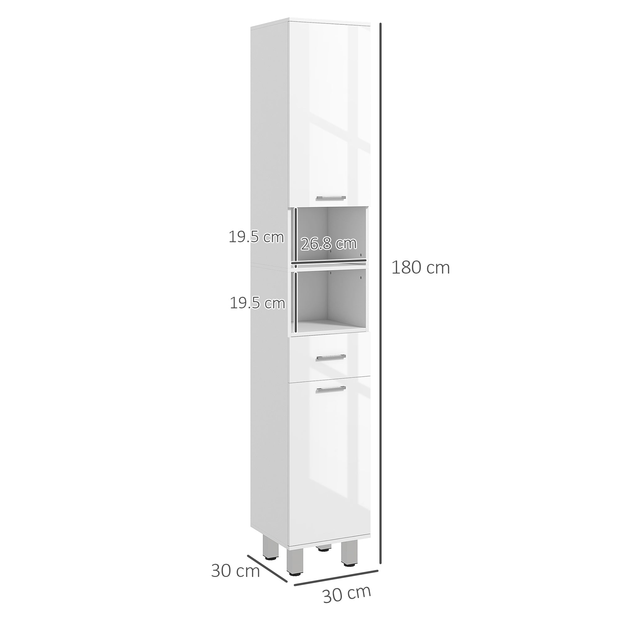 White glossy kleankin slim bathroom storage cabinet with glass doors open shelf and drawer for bathroom storage