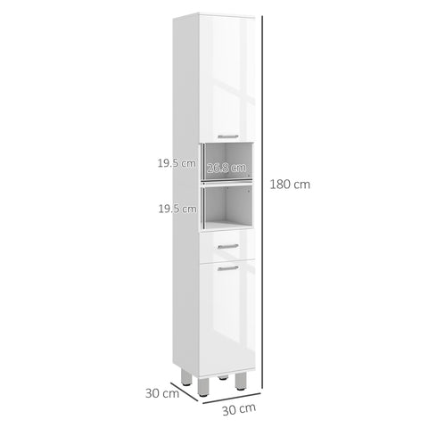White glossy kleankin slim bathroom storage cabinet with glass doors open shelf and drawer for bathroom storage