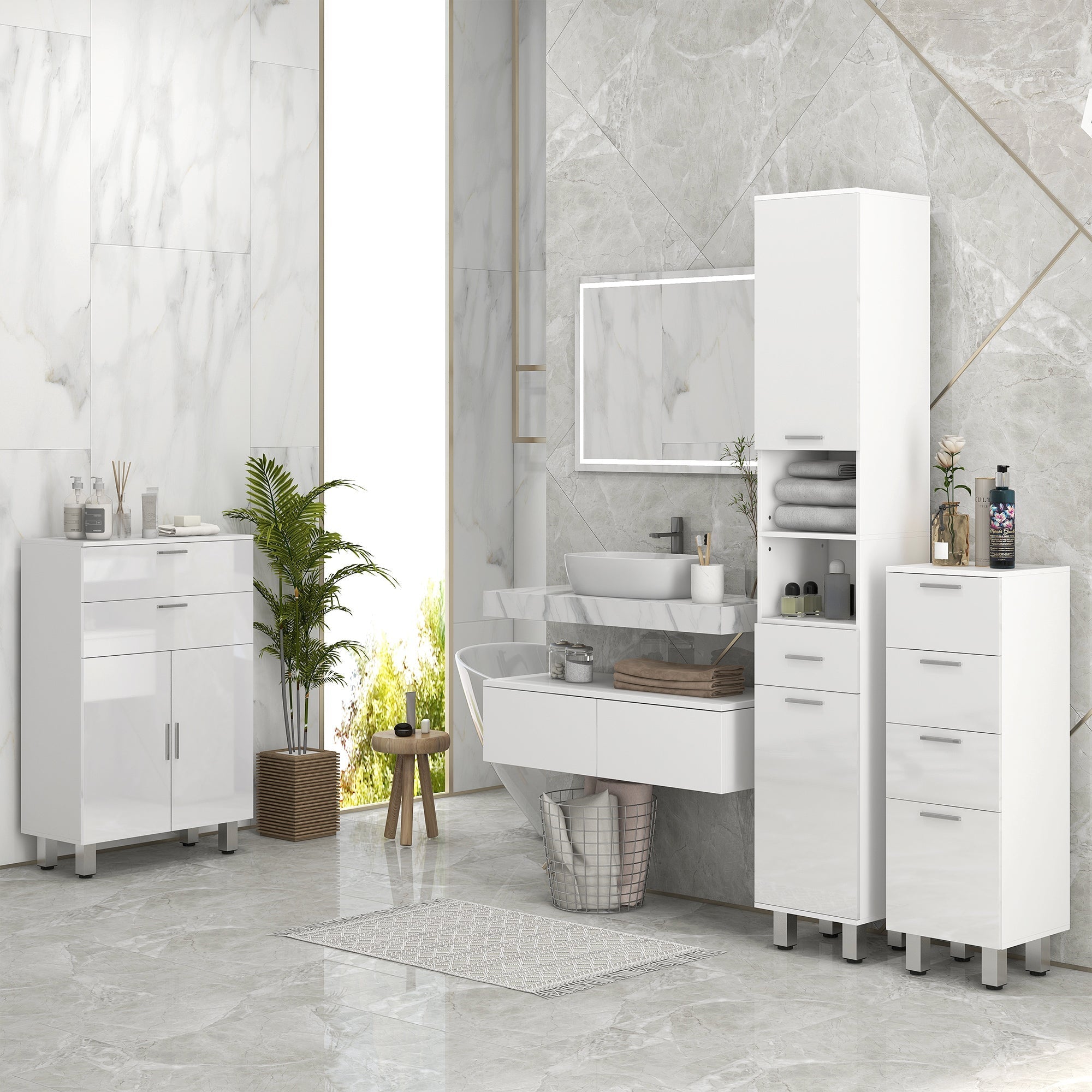 White glossy kleankin slim bathroom storage cabinet with drawers doors and shelves for sleek bathroom storage