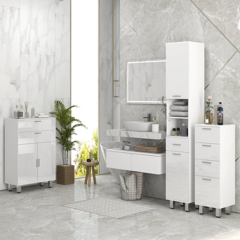 White glossy kleankin slim bathroom storage cabinet with drawers doors and shelves for sleek bathroom storage