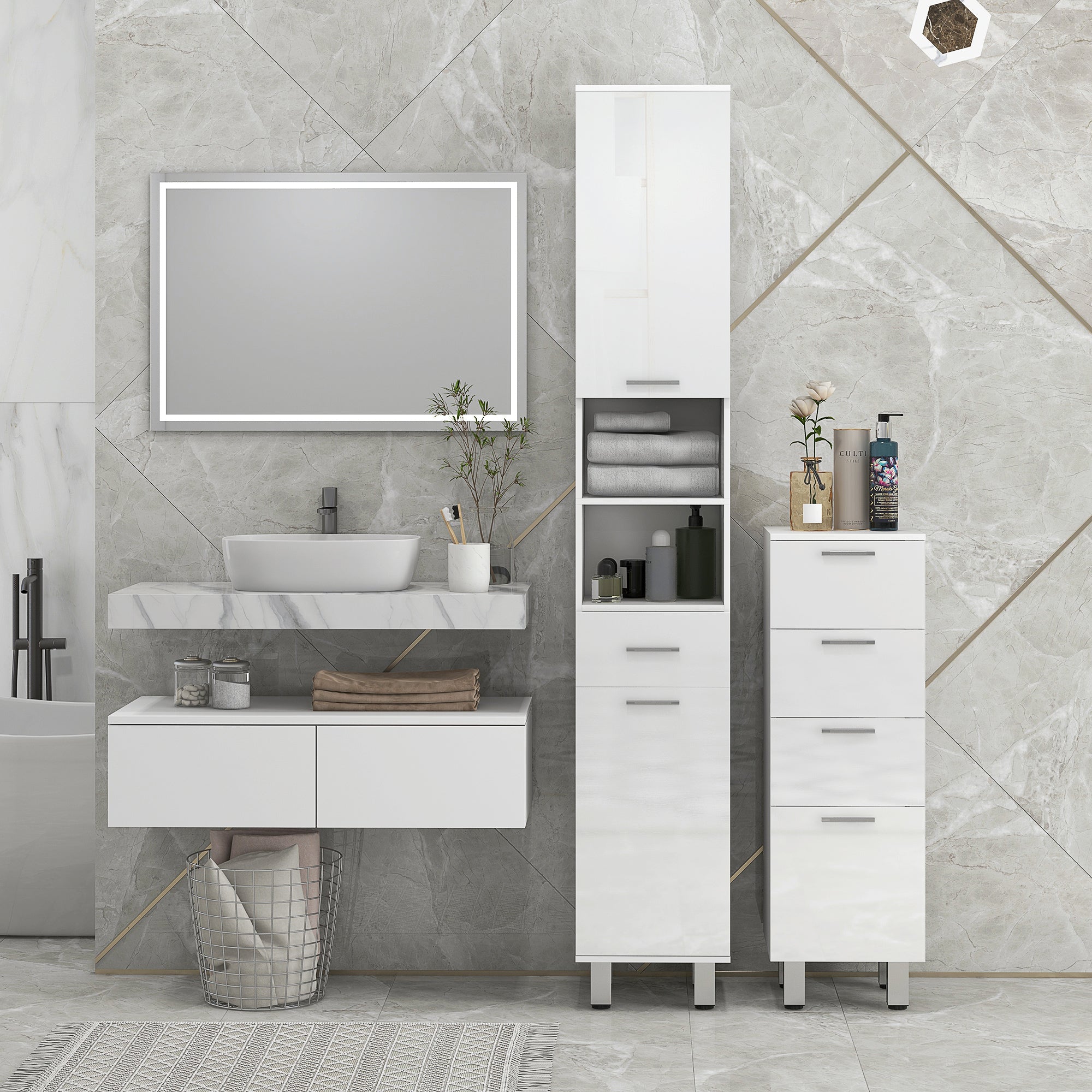 White modern slim bathroom vanity with sleek minimalist design and integrated sink for stylish bathroom storage
