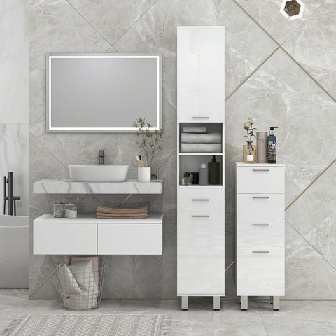 White modern slim bathroom vanity with sleek minimalist design and integrated sink for stylish bathroom storage