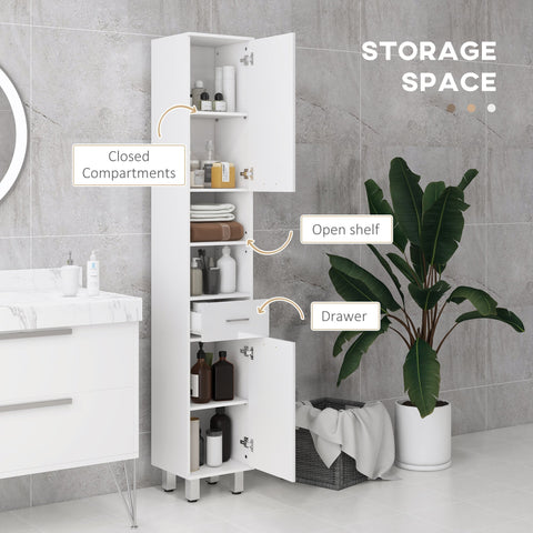 White tall slim bathroom storage cabinet with drawer open shelf closed compartments for bathroom storage