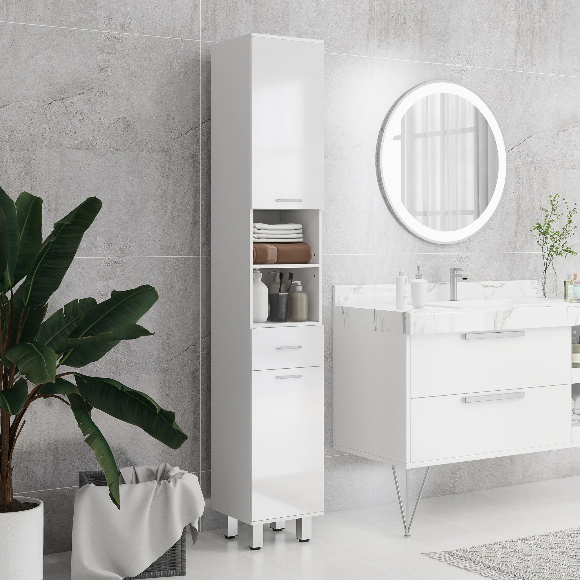 White high gloss kleankin 71 tall slim bathroom storage cabinet with drawer doors and adjustable shelves for slim bathroom use