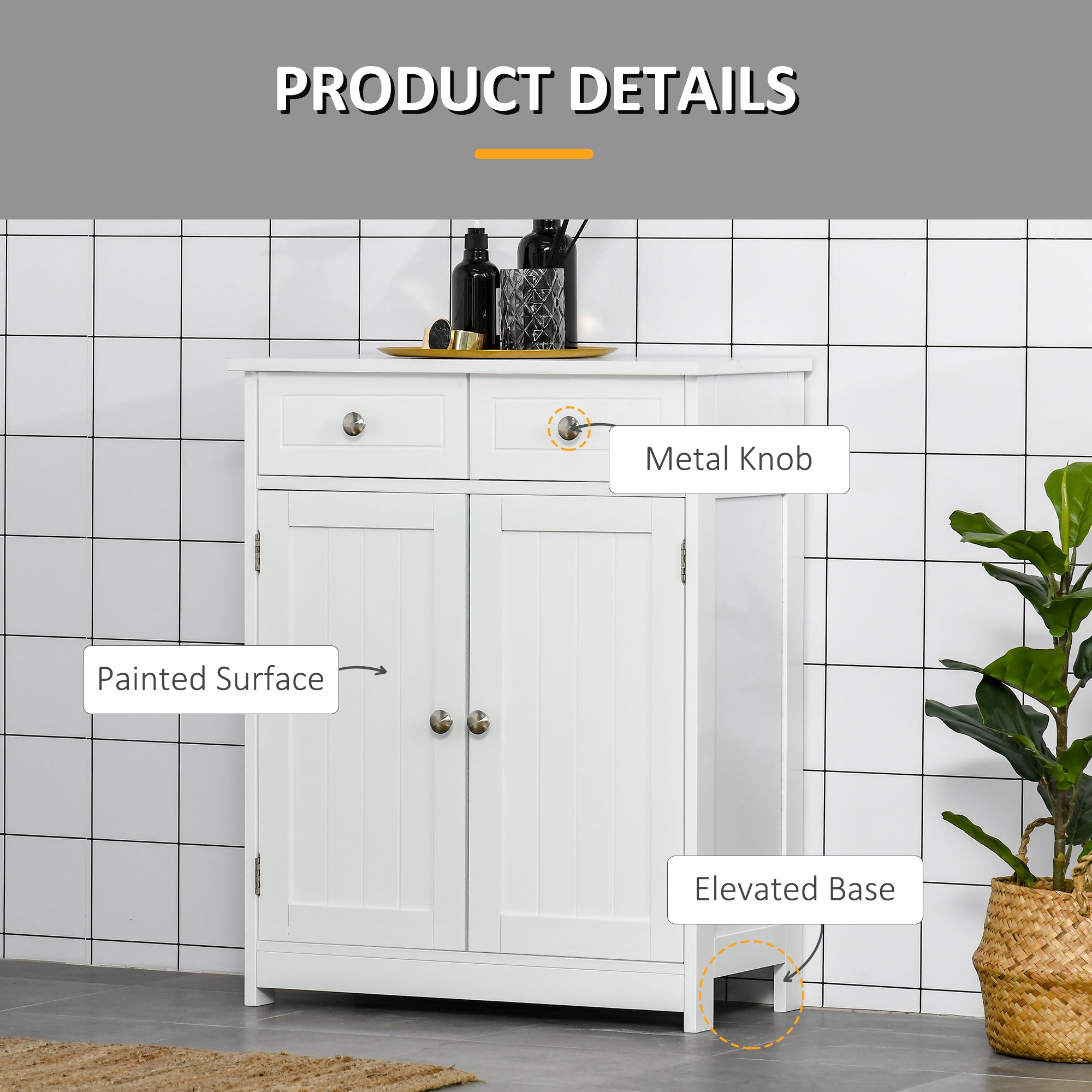 White freestanding bathroom cabinet with two drawers metal knobs and adjustable shelf on elevated base
