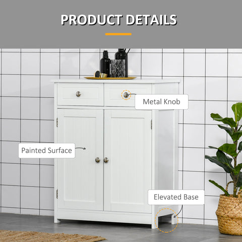 White freestanding bathroom cabinet with two drawers metal knobs and adjustable shelf on elevated base