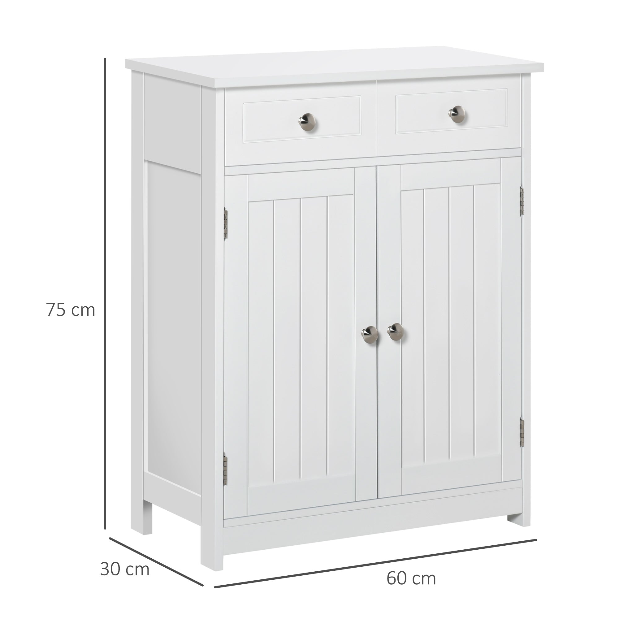 White kleankin freestanding bathroom cabinet with two drawers, adjustable shelf, silver knobs, and traditional style