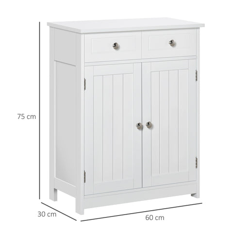 White kleankin freestanding bathroom cabinet with two drawers, adjustable shelf, silver knobs, and traditional style