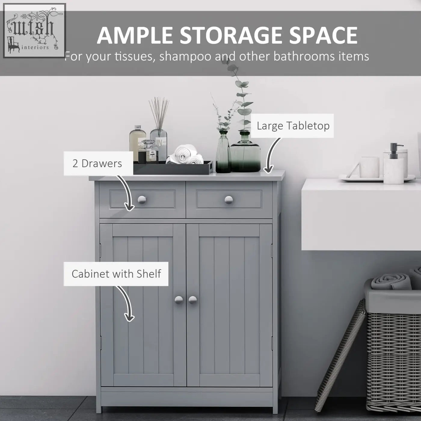 Gray wooden kleankin 75x60cm freestanding bathroom cabinet with two drawers adjustable shelf and metal handles