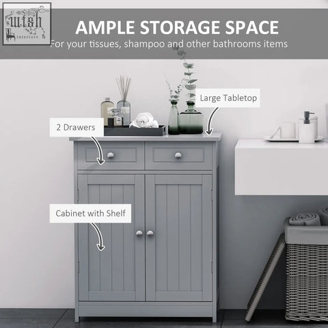 Gray wooden kleankin 75x60cm freestanding bathroom cabinet with two drawers adjustable shelf and metal handles