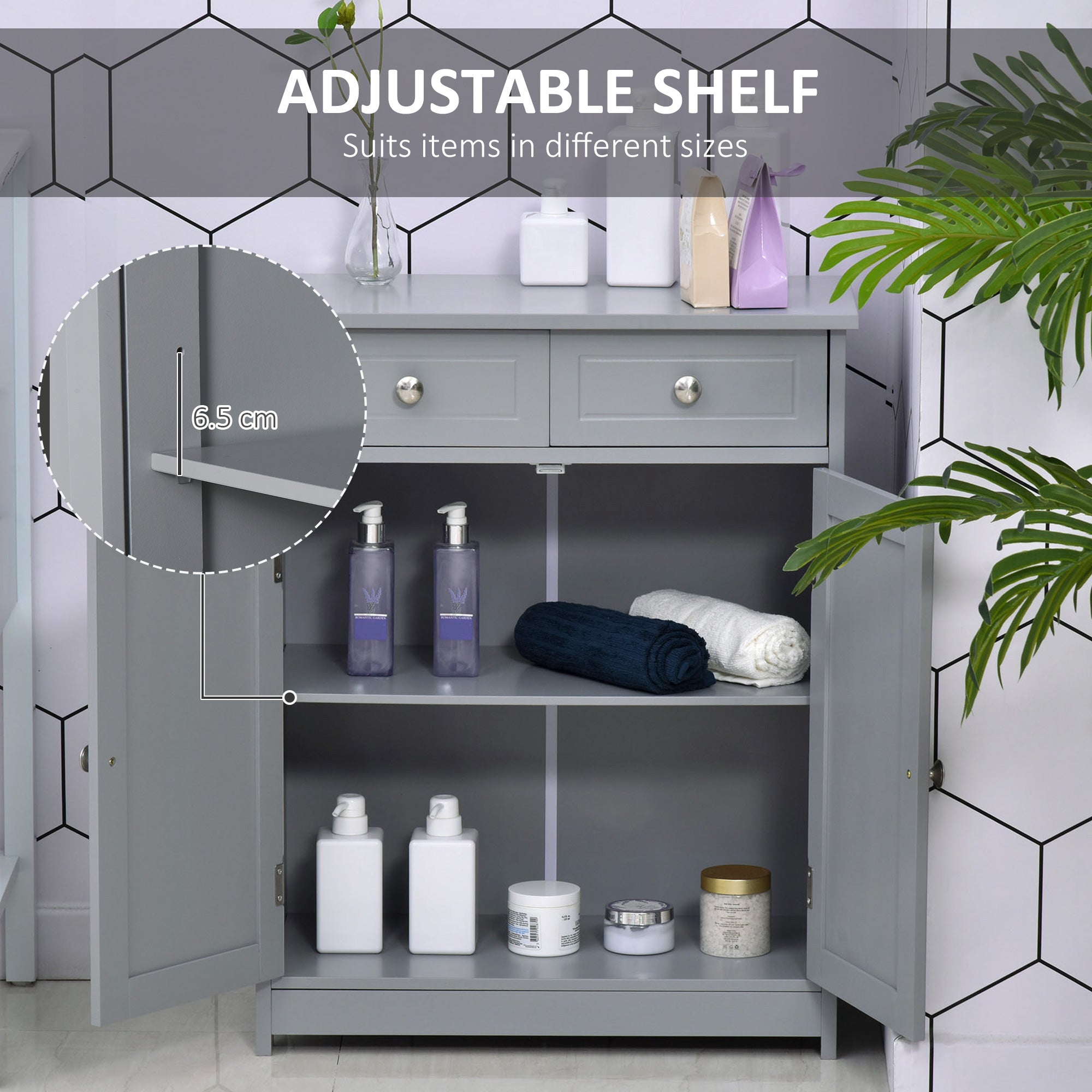 Gray metal bathroom cabinet with two drawers and adjustable shelf freestanding traditional style kleankin 75x60cm