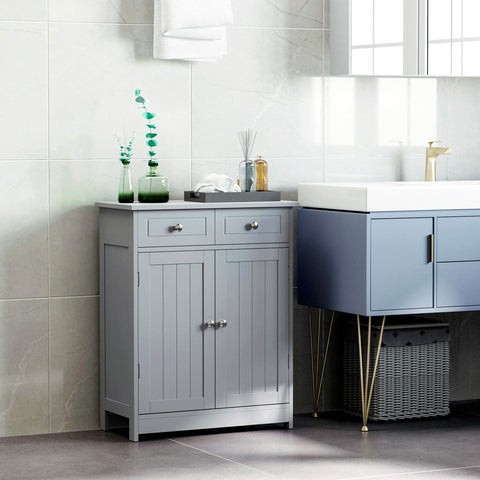Gray wooden bathroom cabinet with two drawers, adjustable shelf, silver knobs, and metal handles kleankin 75x60cm