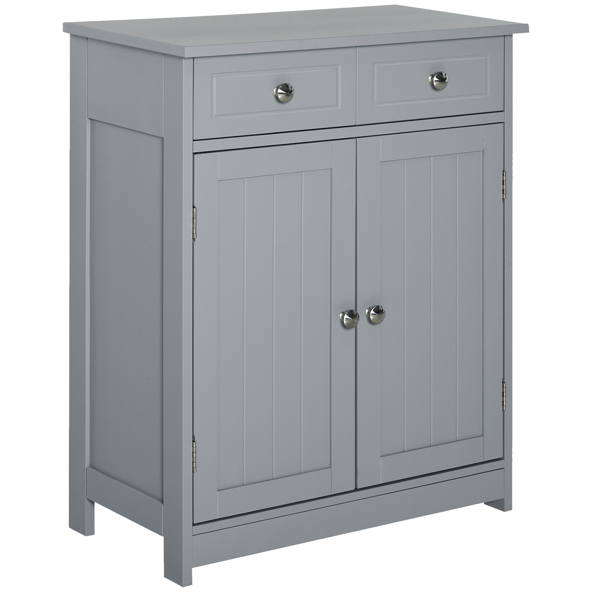 Gray kleankin freestanding bathroom cabinet with two drawers, adjustable shelf, silver metal handles, and paneled doors
