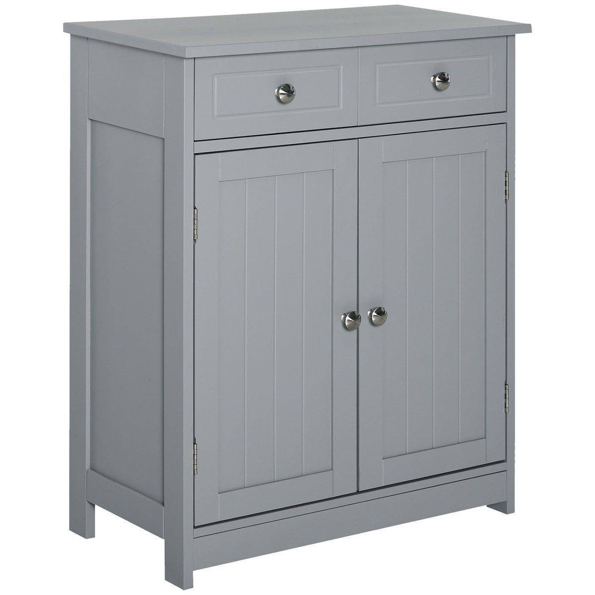 Gray kleankin freestanding bathroom cabinet with two drawers, adjustable shelf, silver metal handles, and paneled doors