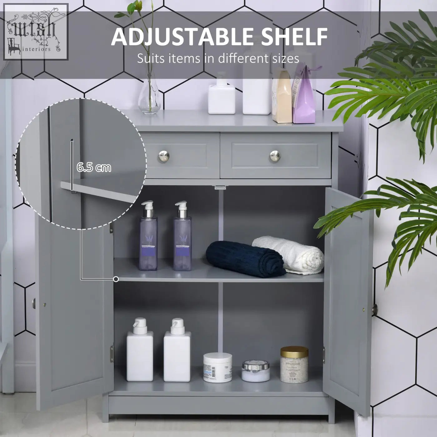 Gray metal kleankin 75x60cm freestanding bathroom cabinet with adjustable shelf and two drawers for storage