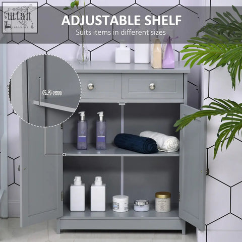 Gray metal kleankin 75x60cm freestanding bathroom cabinet with adjustable shelf and two drawers for storage