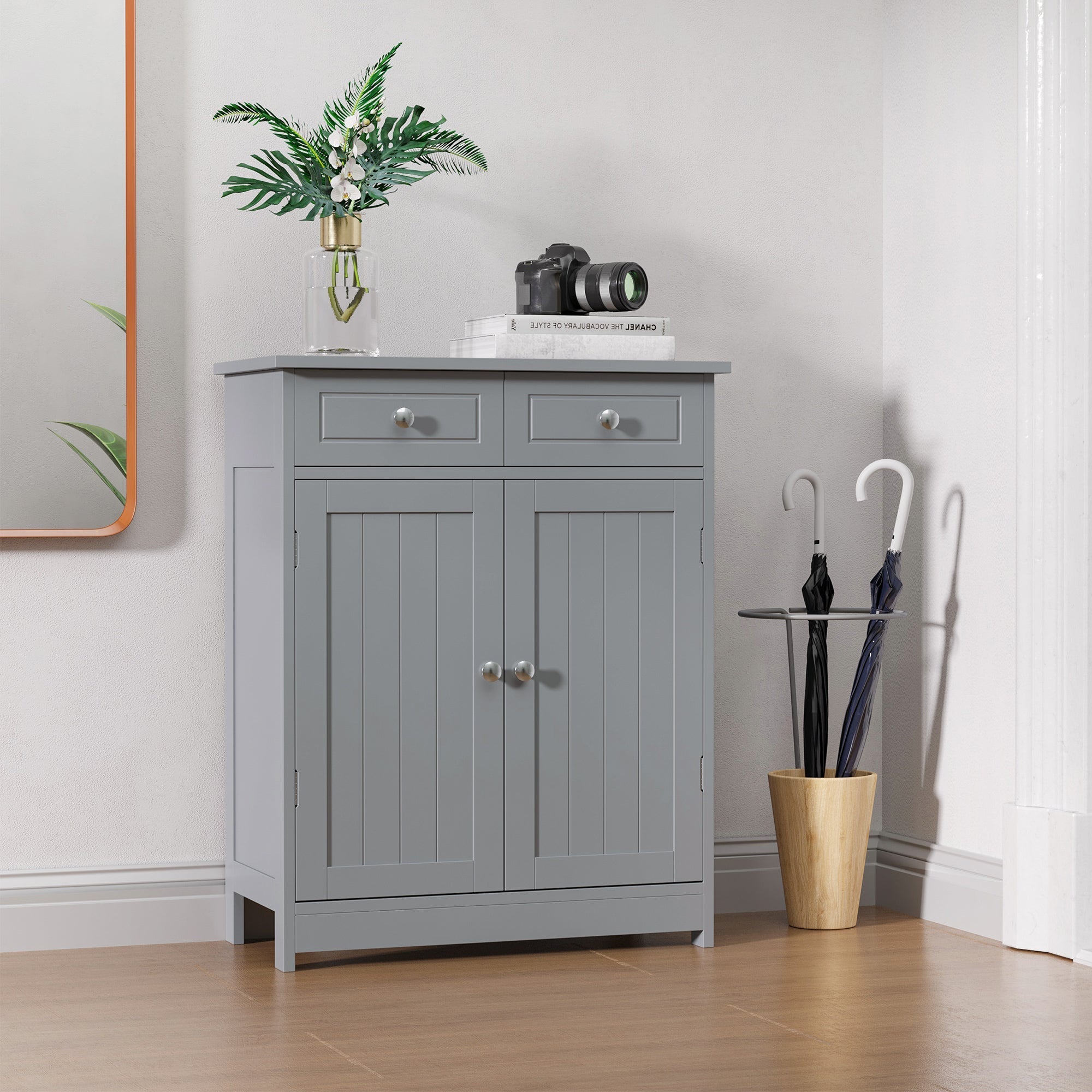 Gray kleankin freestanding bathroom cabinet with two drawers, adjustable shelf, and silver metal handles