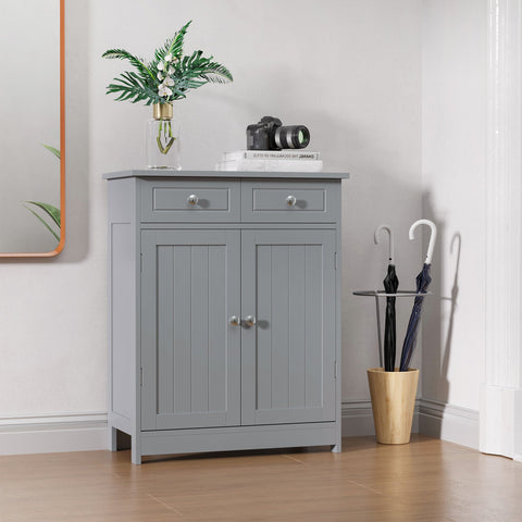 Gray kleankin freestanding bathroom cabinet with two drawers, adjustable shelf, and silver metal handles