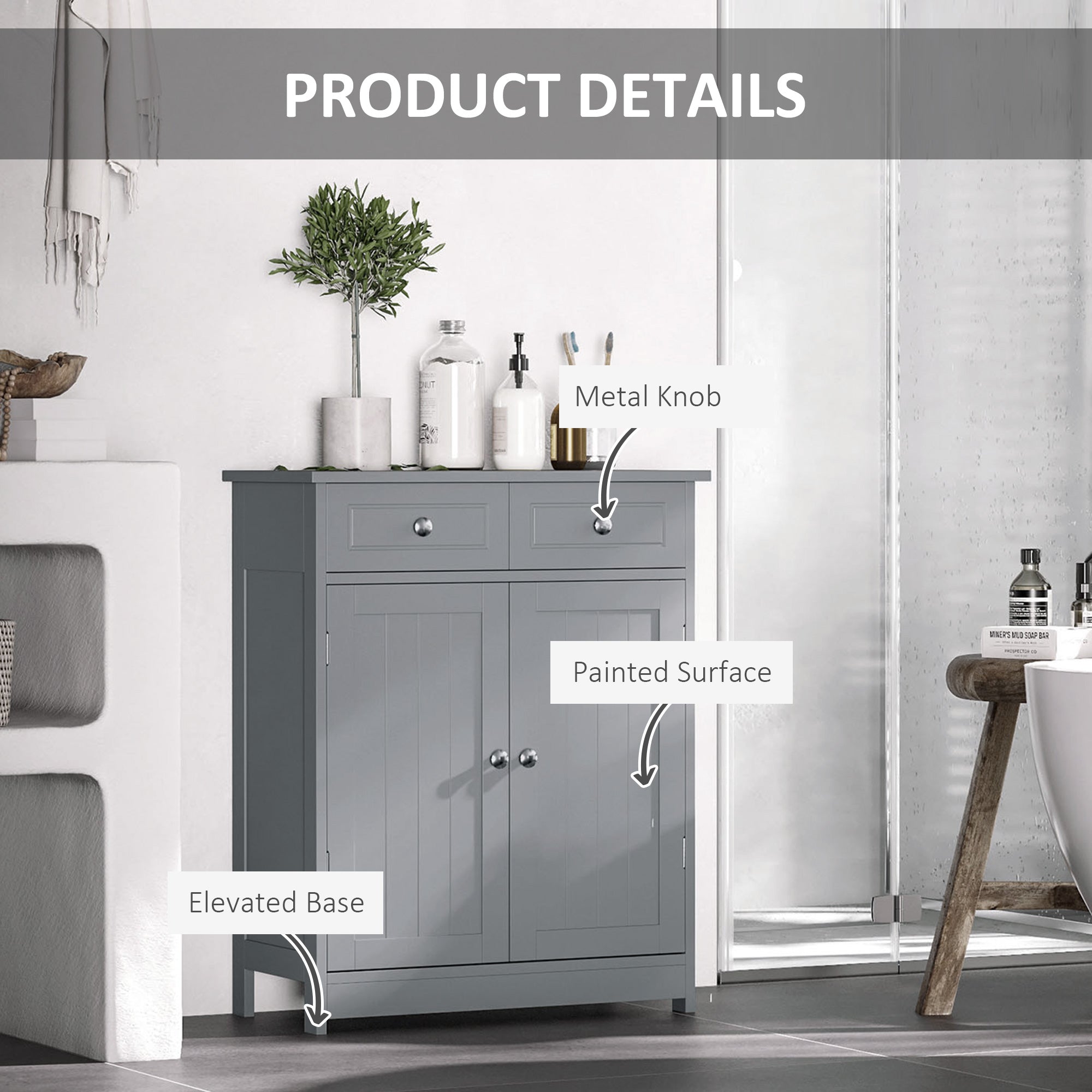 Gray kleankin freestanding bathroom cabinet with two drawers metal knobs and adjustable shelf on elevated base