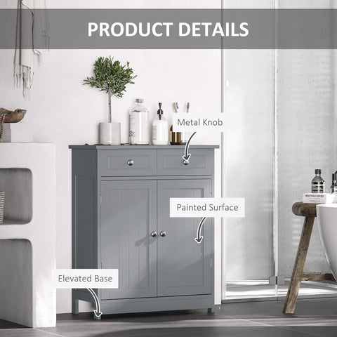 Gray kleankin freestanding bathroom cabinet with two drawers metal knobs and adjustable shelf on elevated base