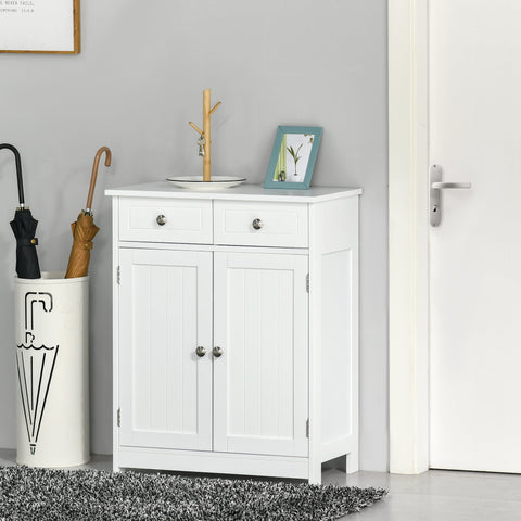 White wooden bathroom cabinet with two drawers, adjustable shelf, silver knobs, and metal handles in traditional style