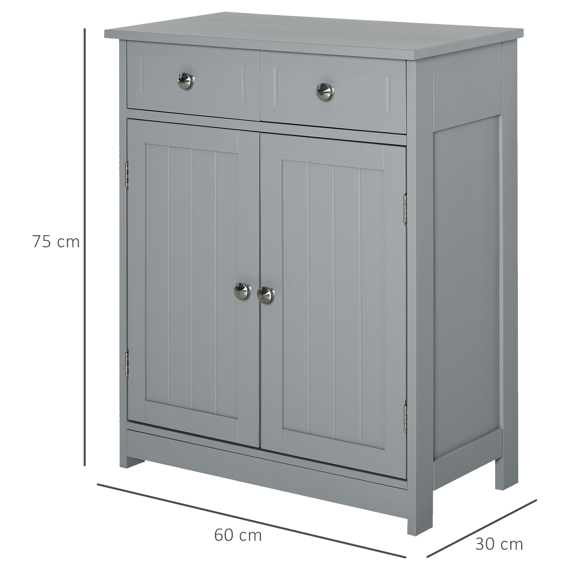 Gray wooden freestanding bathroom cabinet with two drawers, adjustable shelf, and silver round metal handles