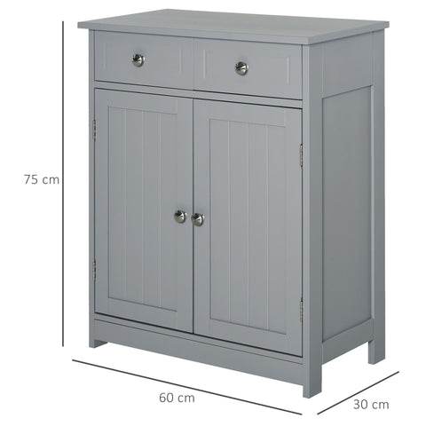 Gray wooden freestanding bathroom cabinet with two drawers, adjustable shelf, and silver round metal handles