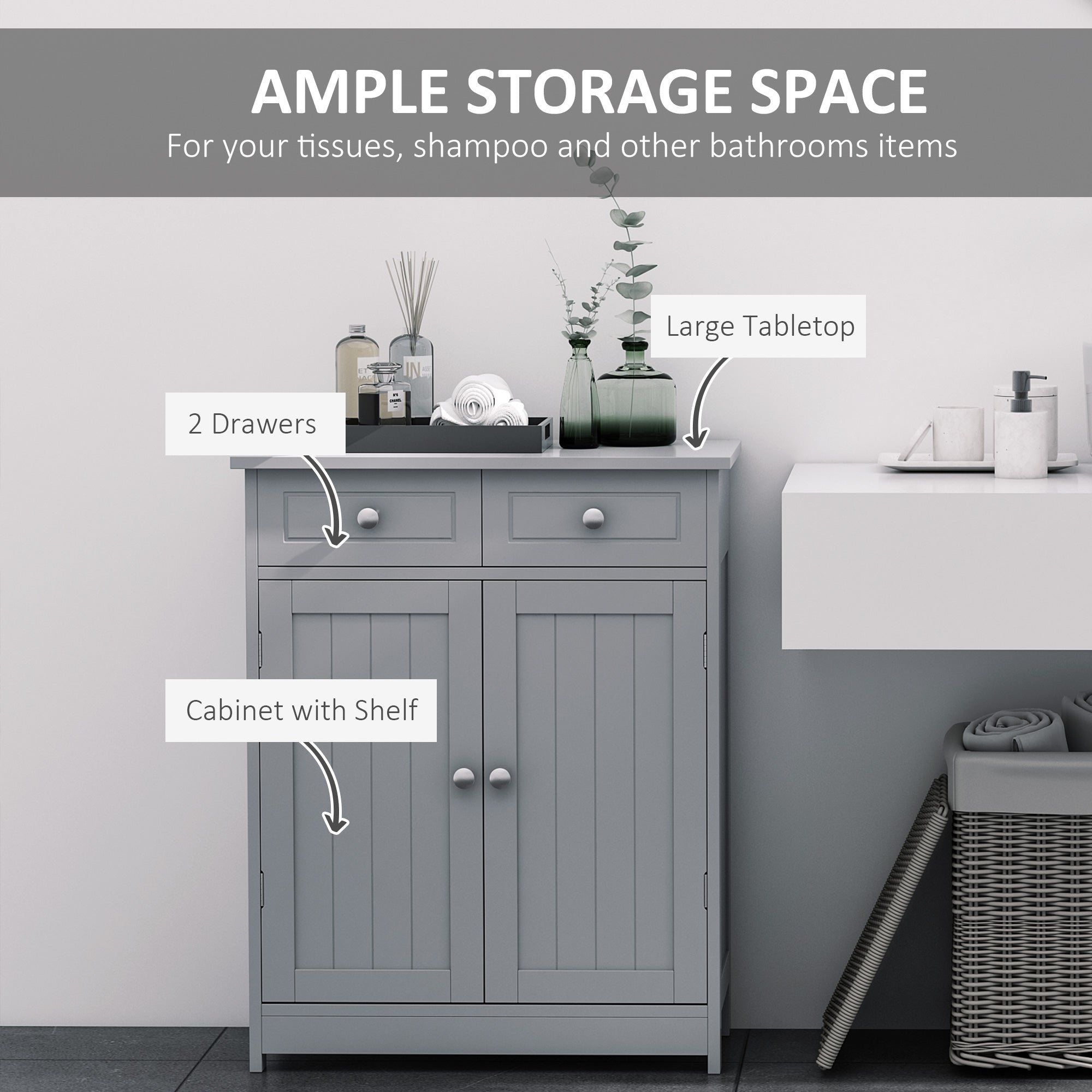 Gray wooden bathroom cabinet with two drawers double doors and adjustable shelf for freestanding storage