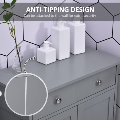 Kleankin gray bathroom cabinet with two drawers, adjustable shelf, metal handles, and anti-tipping design feature