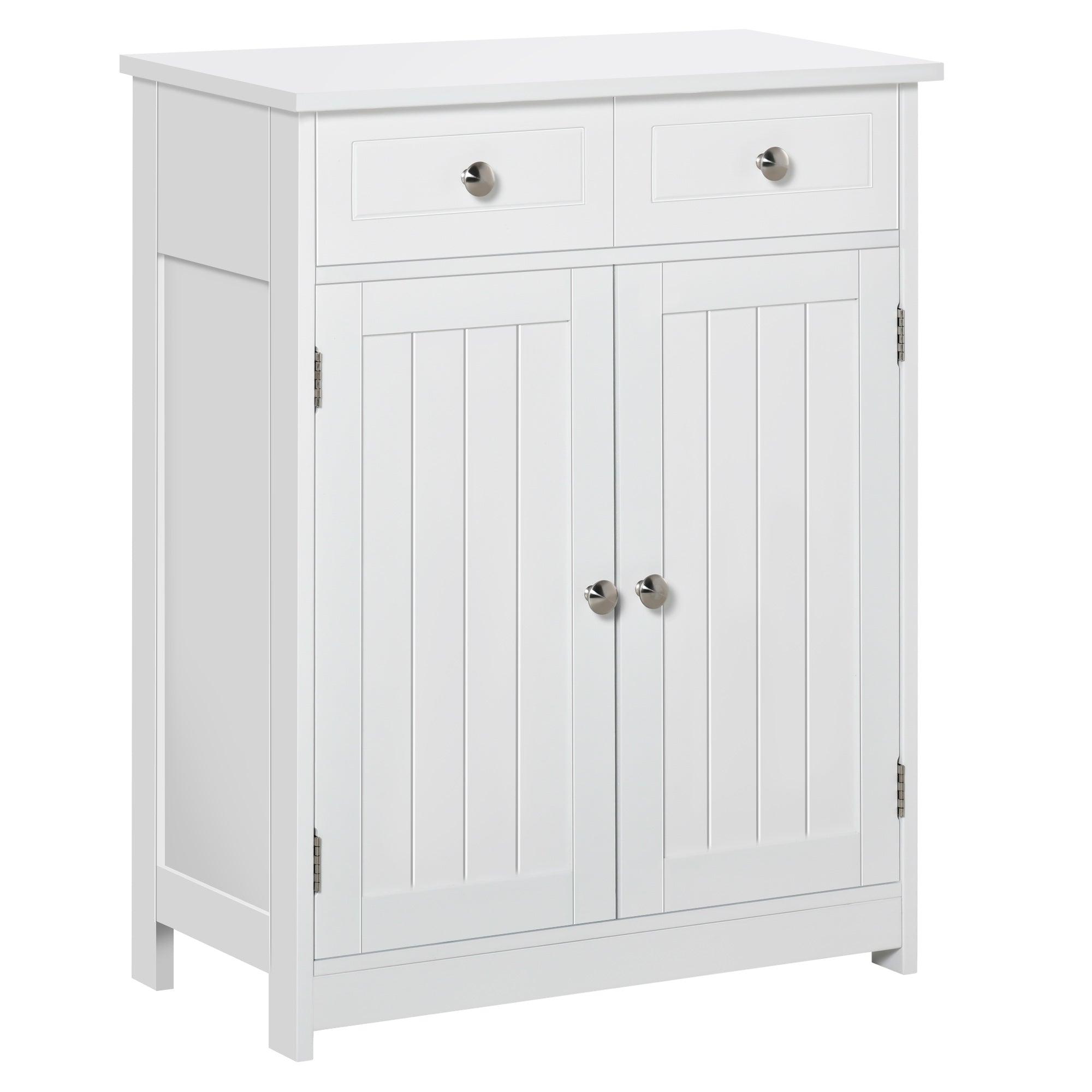 Kleankin white freestanding bathroom cabinet with two drawers, adjustable shelf, and silver metal handles in traditional style