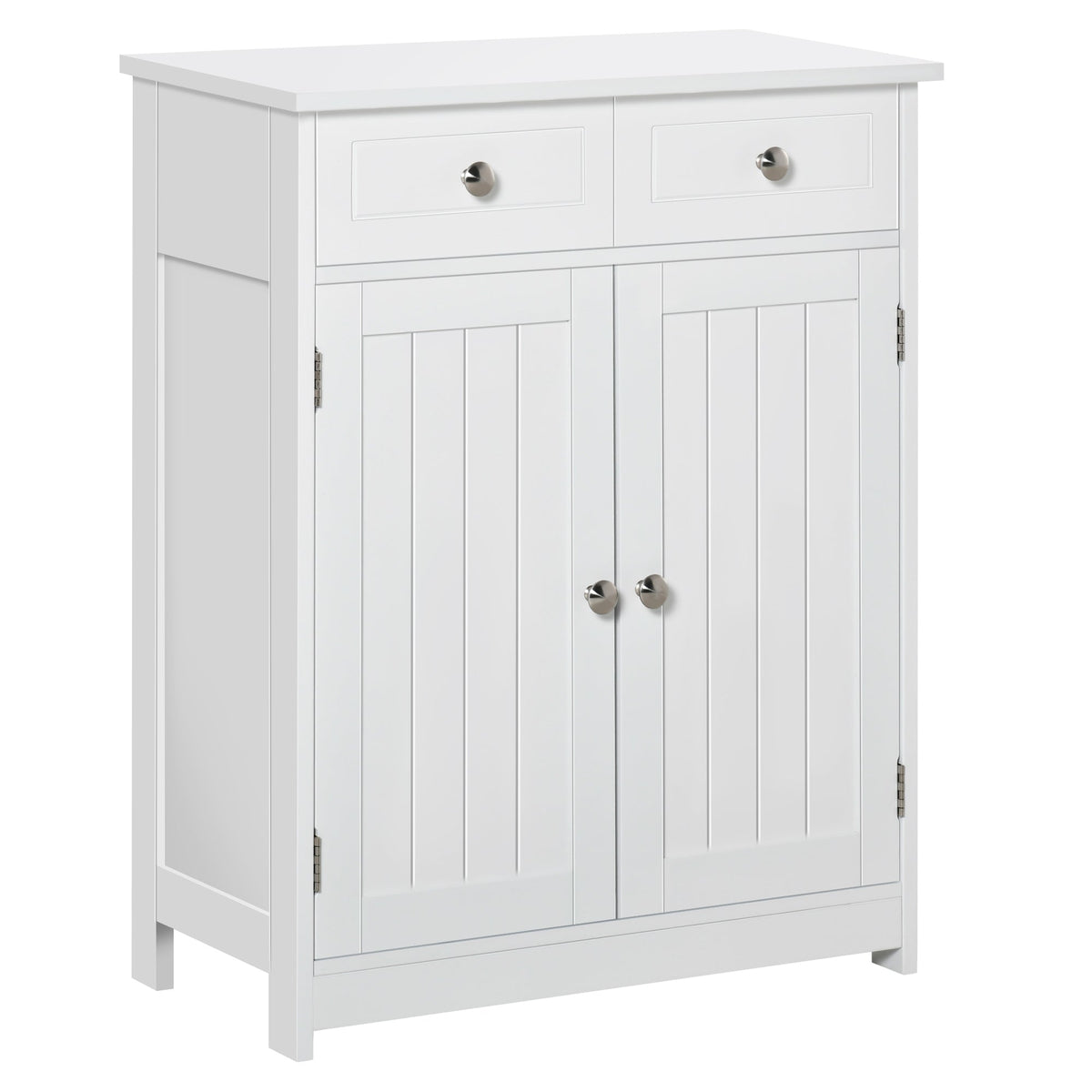 Kleankin white freestanding bathroom cabinet with two drawers, adjustable shelf, and silver metal handles in traditional style