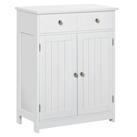 Kleankin white freestanding bathroom cabinet with two drawers, adjustable shelf, and silver metal handles in traditional style