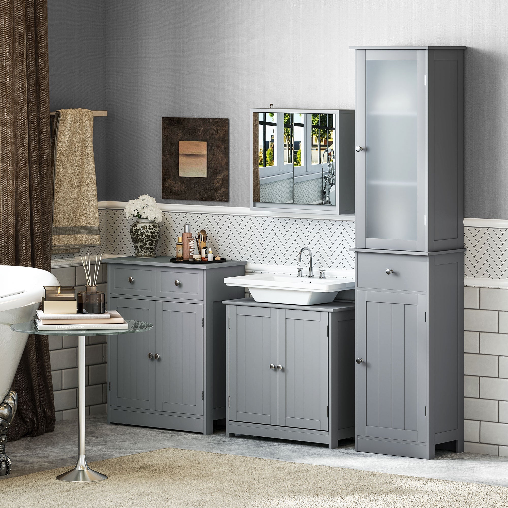 Gray kleankin freestanding bathroom cabinet with white sink two drawers adjustable shelf and silver metal handles