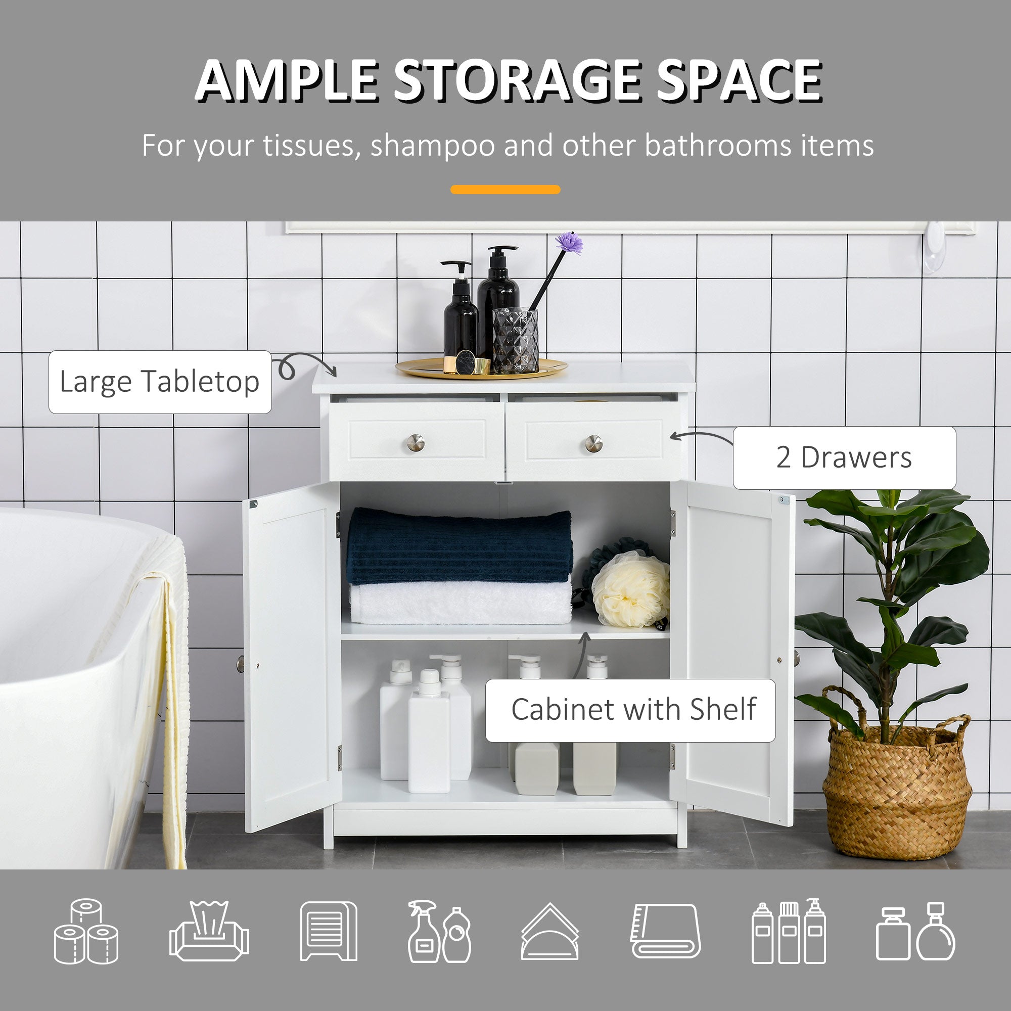 White freestanding bathroom cabinet with two drawers adjustable shelf and open tabletop for storage by kleankin