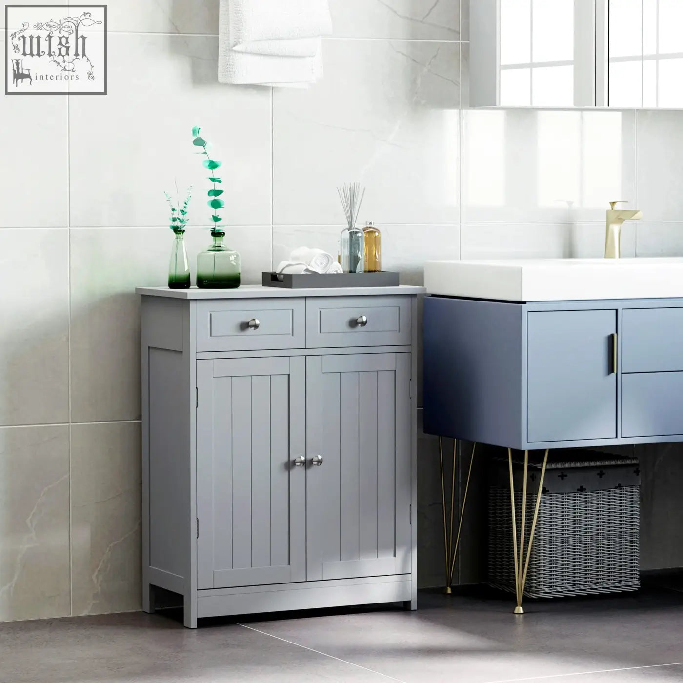 Kleankin 75x60cm freestanding bathroom cabinet in gray wood with two drawers two doors silver handles and adjustable shelf