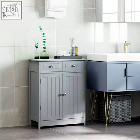Kleankin 75x60cm freestanding bathroom cabinet in gray wood with two drawers two doors silver handles and adjustable shelf