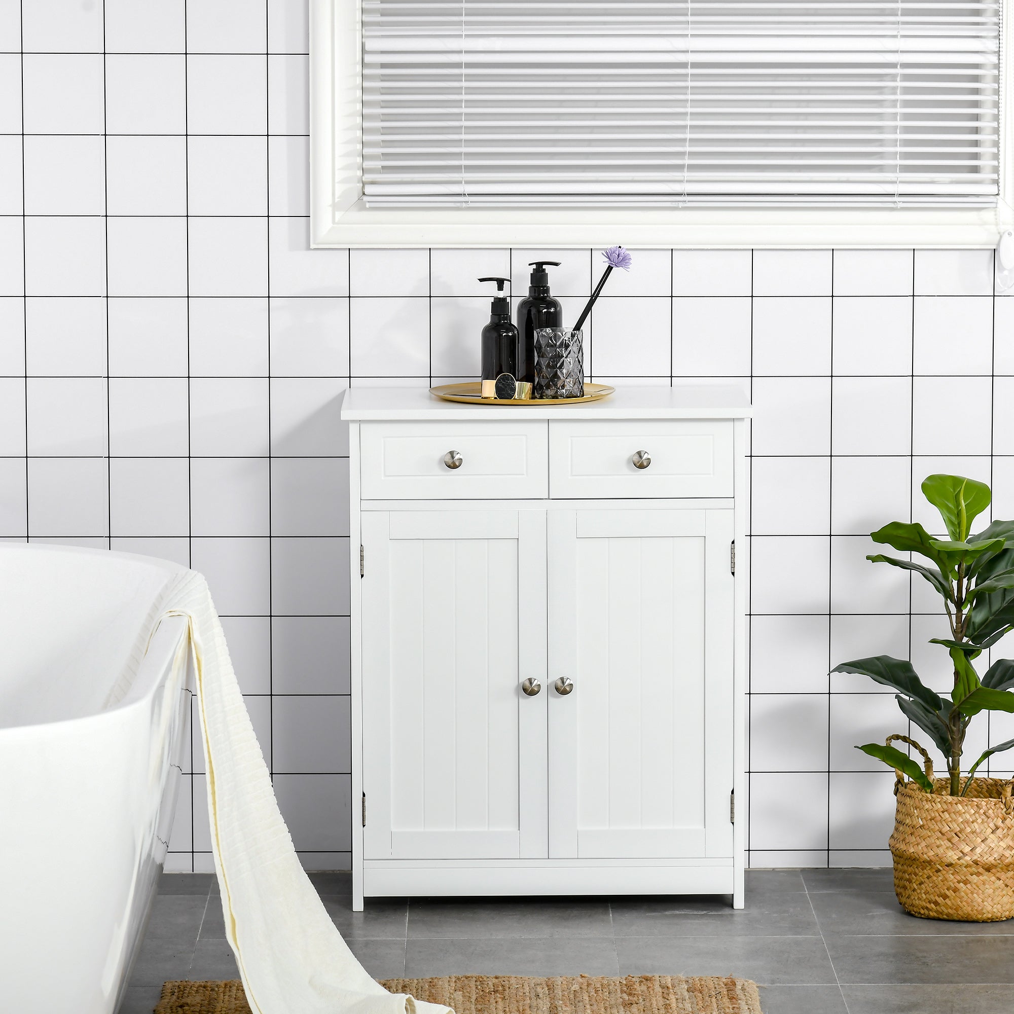 White kleankin freestanding bathroom cabinet with two drawers, adjustable shelf, and silver metal handles