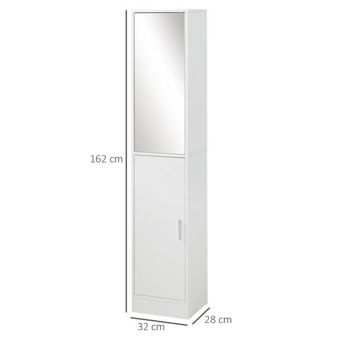 kleankin Tall Mirrored Bathroom Cabinet, Bathroom Storage Cupboard, Floor Standing Tallboy Unit with Adjustable Shelf, White