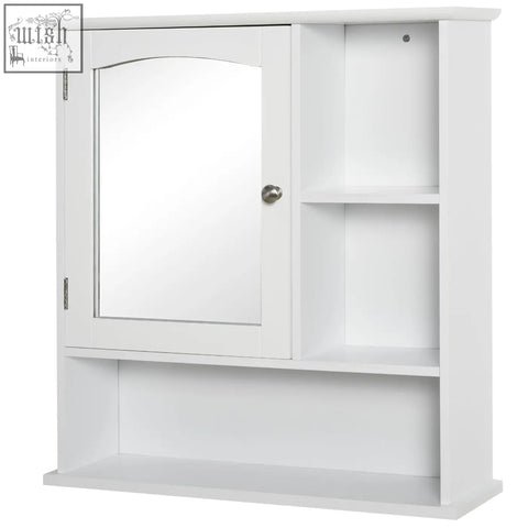 White wooden kleankin bathroom cabinet with mirrored door and adjustable shelf wall mount storage organizer