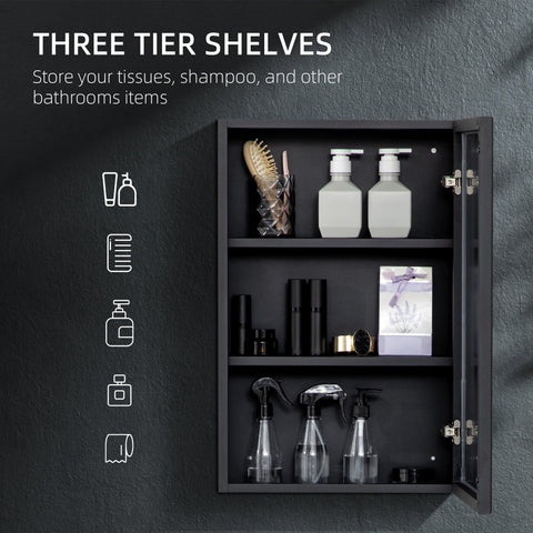 Kleankin black three-tier mirror bathroom cabinet with stainless steel hinges and wall-mounted storage shelves