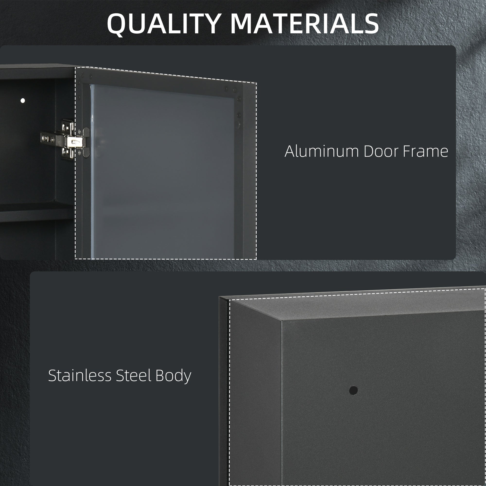 Black kleankin bathroom cabinet mirror cabinet with stainless steel body and aluminum door frame for wall storage