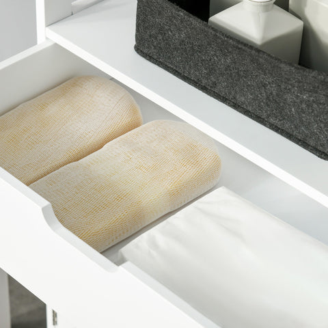 Two beige textured fabric towels neatly folded in a white drawer of kleankin bathroom floor cabinet kitchen cupboard